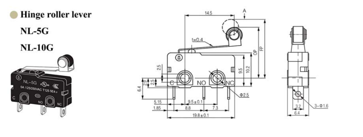Microinterruptor de alta sensibilidad con palanca de rodillo de bisagra